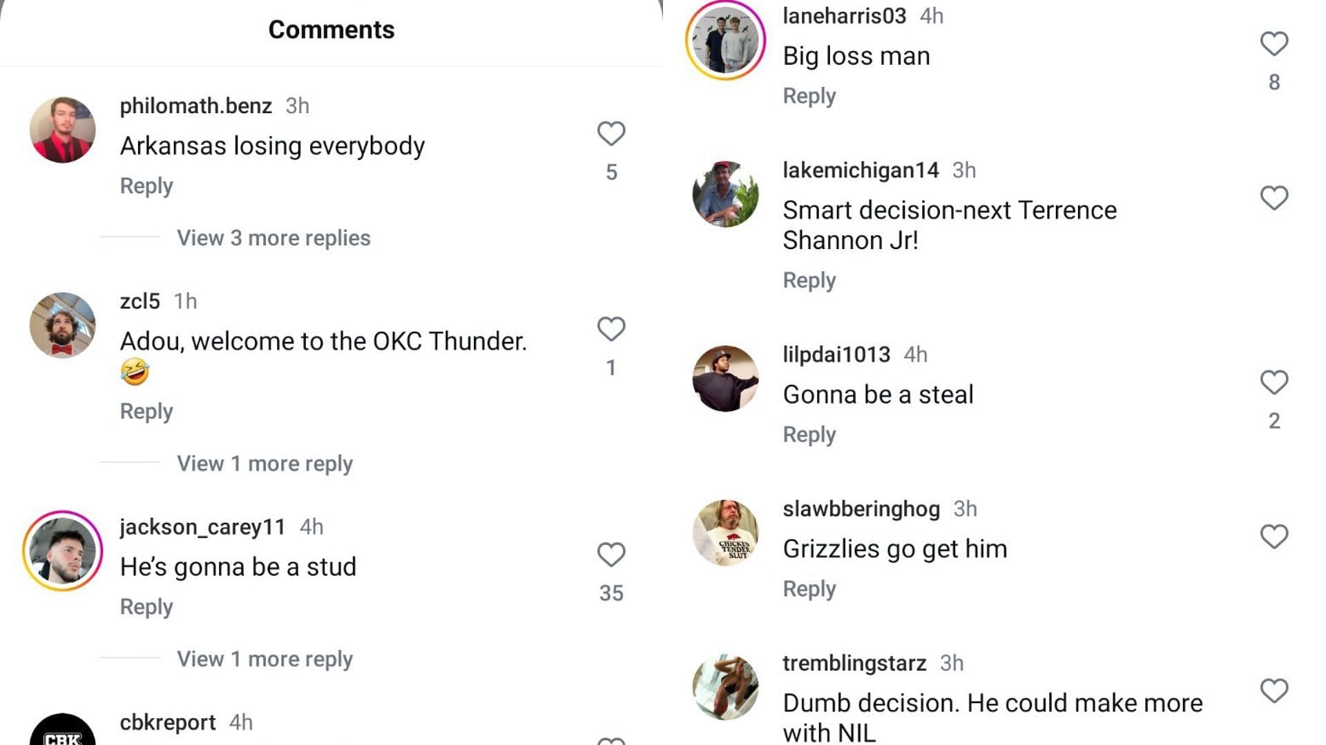 College hoops fans reacted on Instagram to the news that Adou Thiero would remain in the NBA draft and not return to Arkansas for the 2025-26 NCAA season. Source: Instagram/@recruitsnews